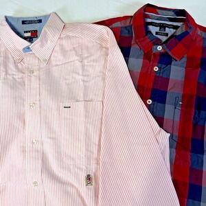 Lot of 2 Tommy Hilfiger Shirts Pink Oxford & Red/Blue Plaid Men's Size Large